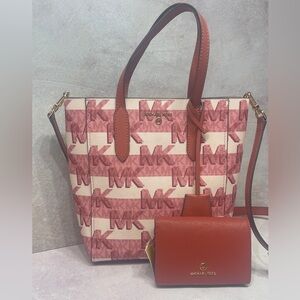 Michael Kors Sinclair Shopper Tote With Matching Wallet Set Pink White Cinnamon